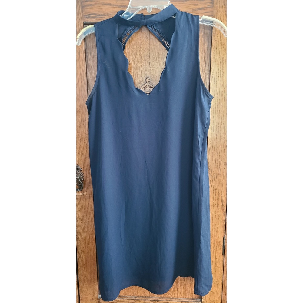 Mi Ami Francescas Navy Blue Mock Neck Scallop Cutout Shift Dress Small‎ 5211064